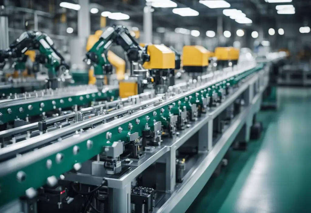 A factory assembly line produces Predator generators with robotic arms and conveyor belts